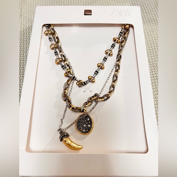 ZARA Set of 3 mixed metal necklaces with rhinestones and horn | NWT - Picture 4 of 4